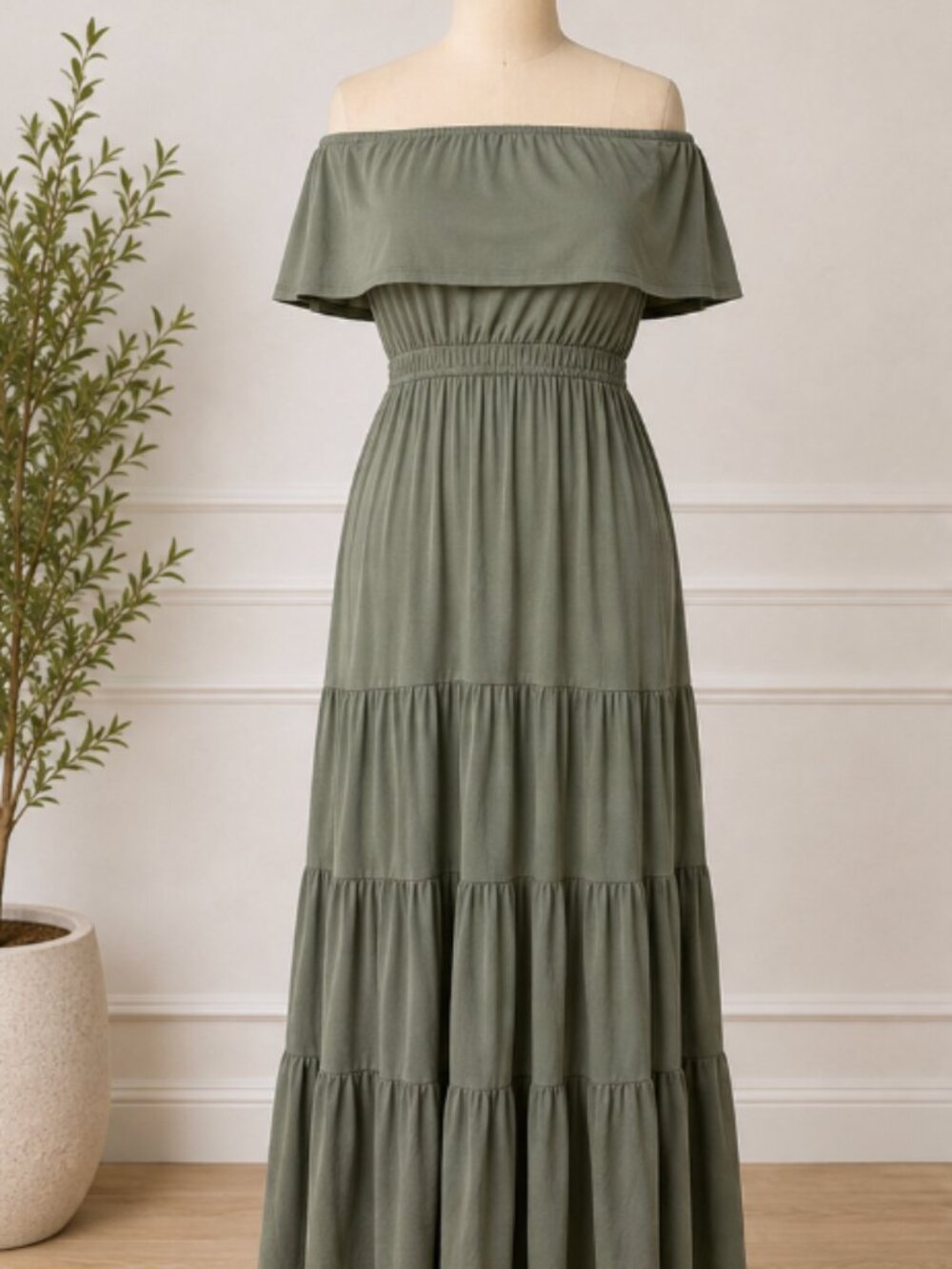 WILD MEADOW Women’s Off Shoulder Maxi Dress XS Olive Green Tiered NWT